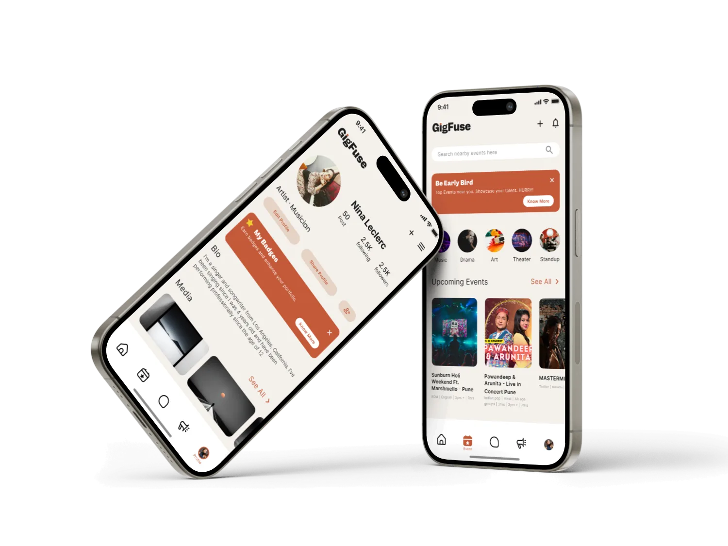 Two GigFuse phone screens: an artist profile and the event discovery home