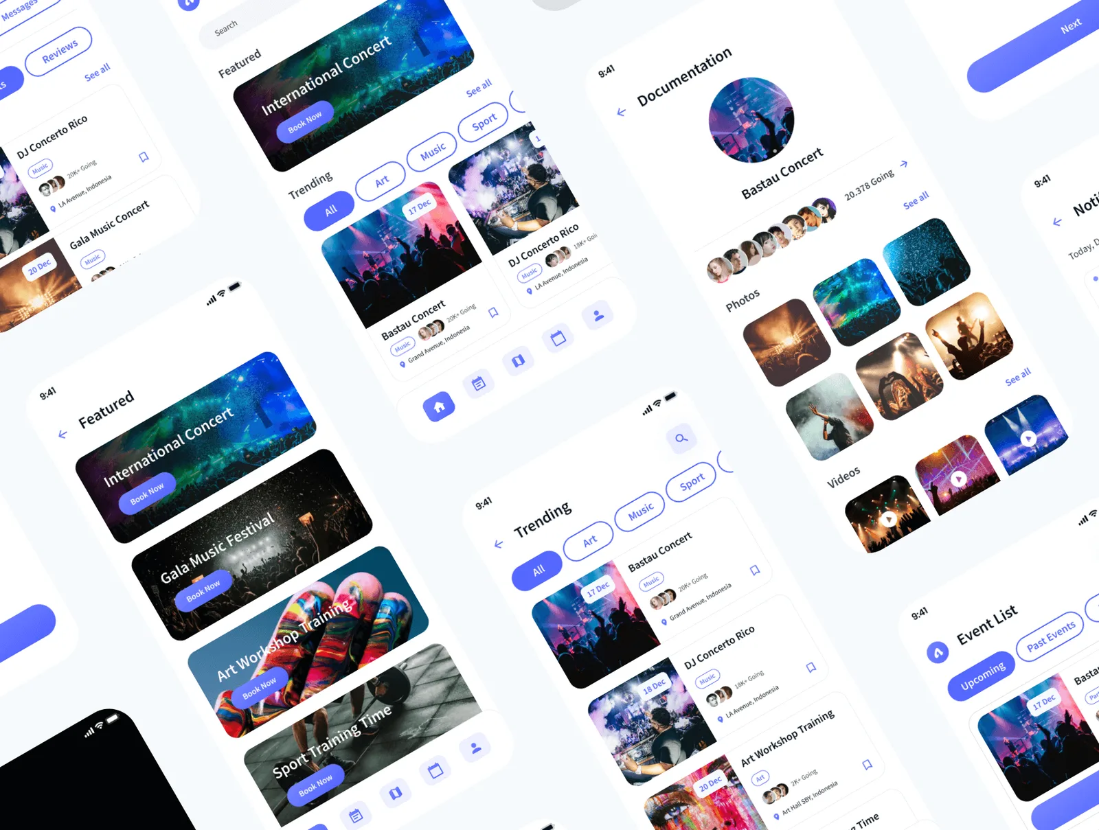 Exploration screens for featured events, trending lists and event documentation