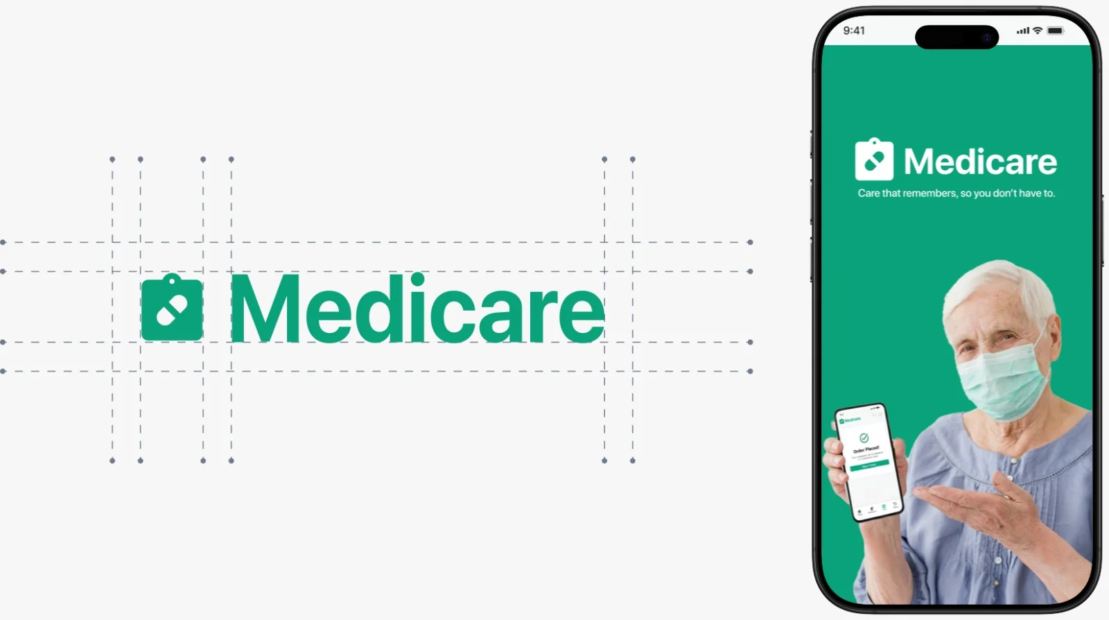The Medicare logo on a construction grid next to the green splash screen with the tagline “Care that remembers, so you don't have to.”