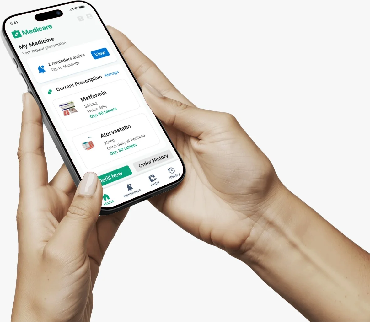 A hand holding a phone showing the Medicare home screen with reminders, current prescription and a Refill Now button