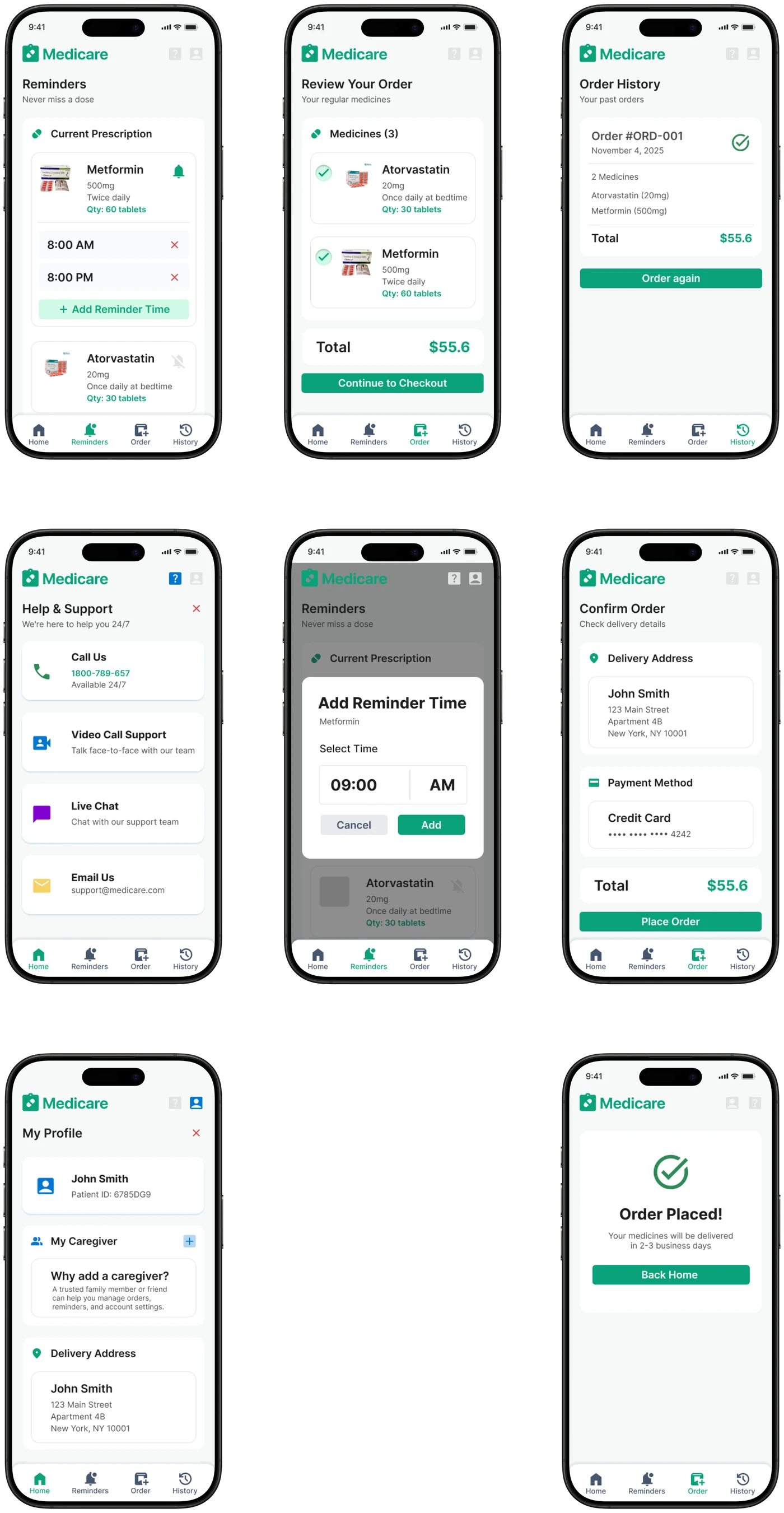Medicare screens: reminders, review order, order history, help and support, add reminder time, confirm order, my profile with caregiver, and order placed confirmation